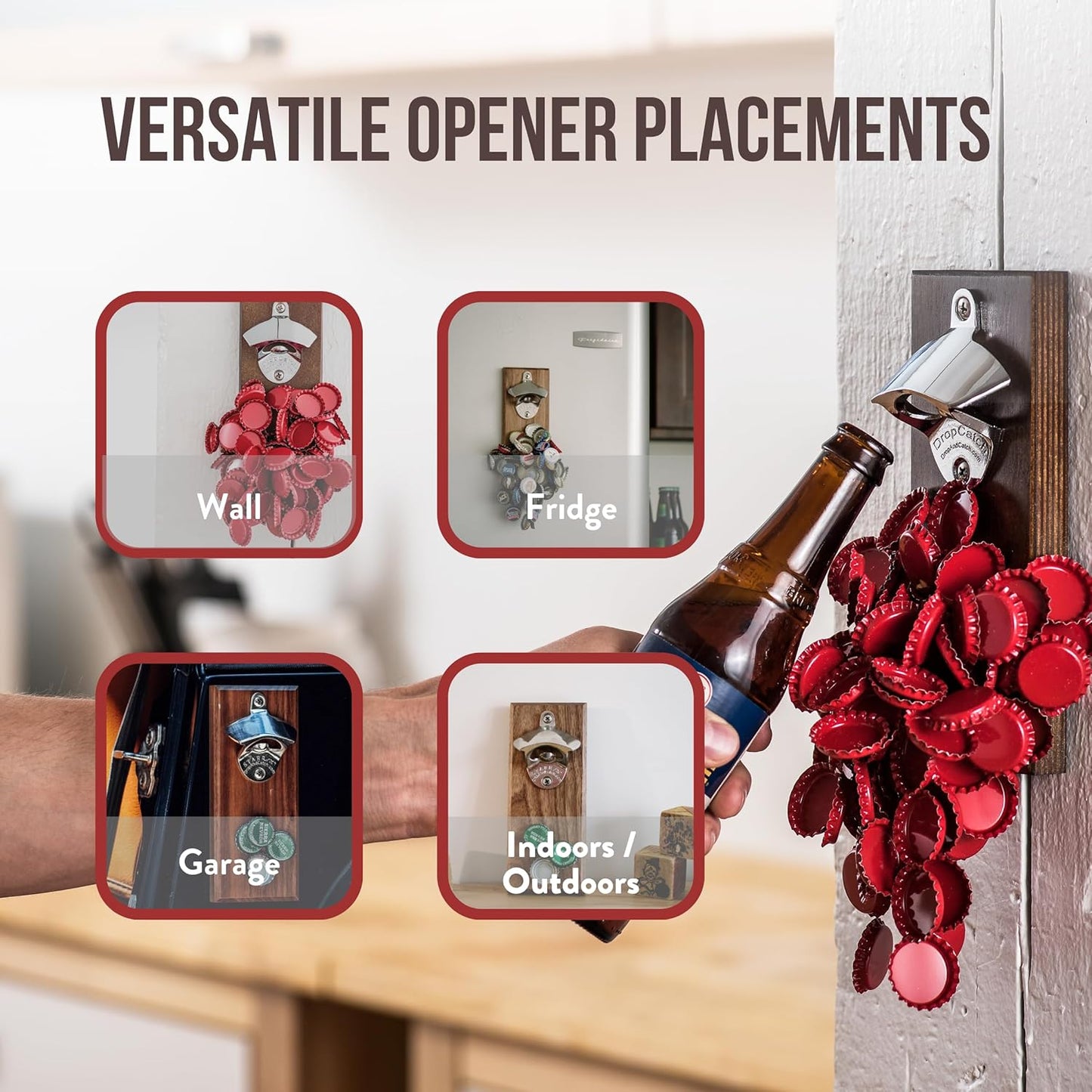 Dropcatch Magnetic Bottle Opener | Beer Cap Catcher | Wall Mount Beer Opener with Auto Catch Function | Install magnetically or Wall Mounted | Walnut Finish | Porter - Holds Up to 70 Caps