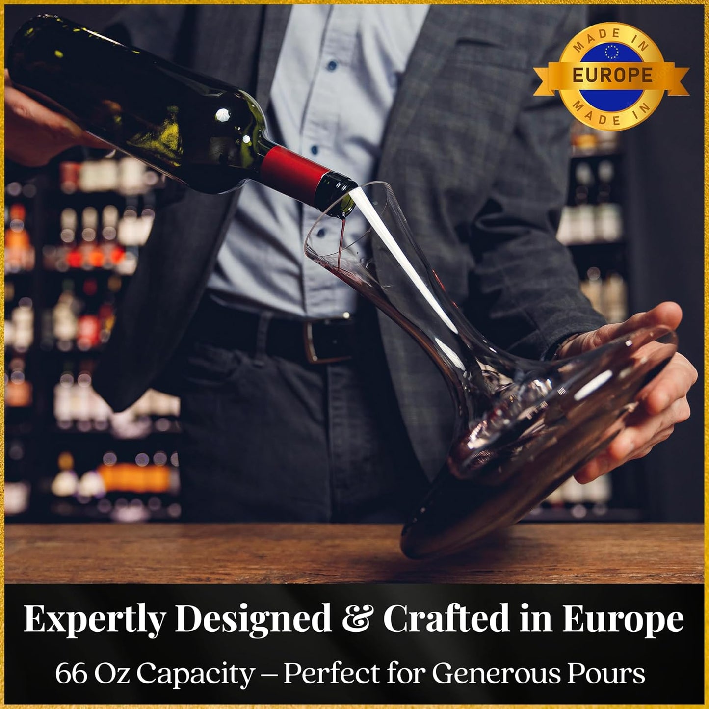 Large Wine Decanter | Hand-Crafted in Europe | 66 FL Oz | Crystal Ground Stopper | Wide Base for Optimal Aeration | 100% Lead-Free Crystal | Handblown | Gift-Boxed | Elegant Design