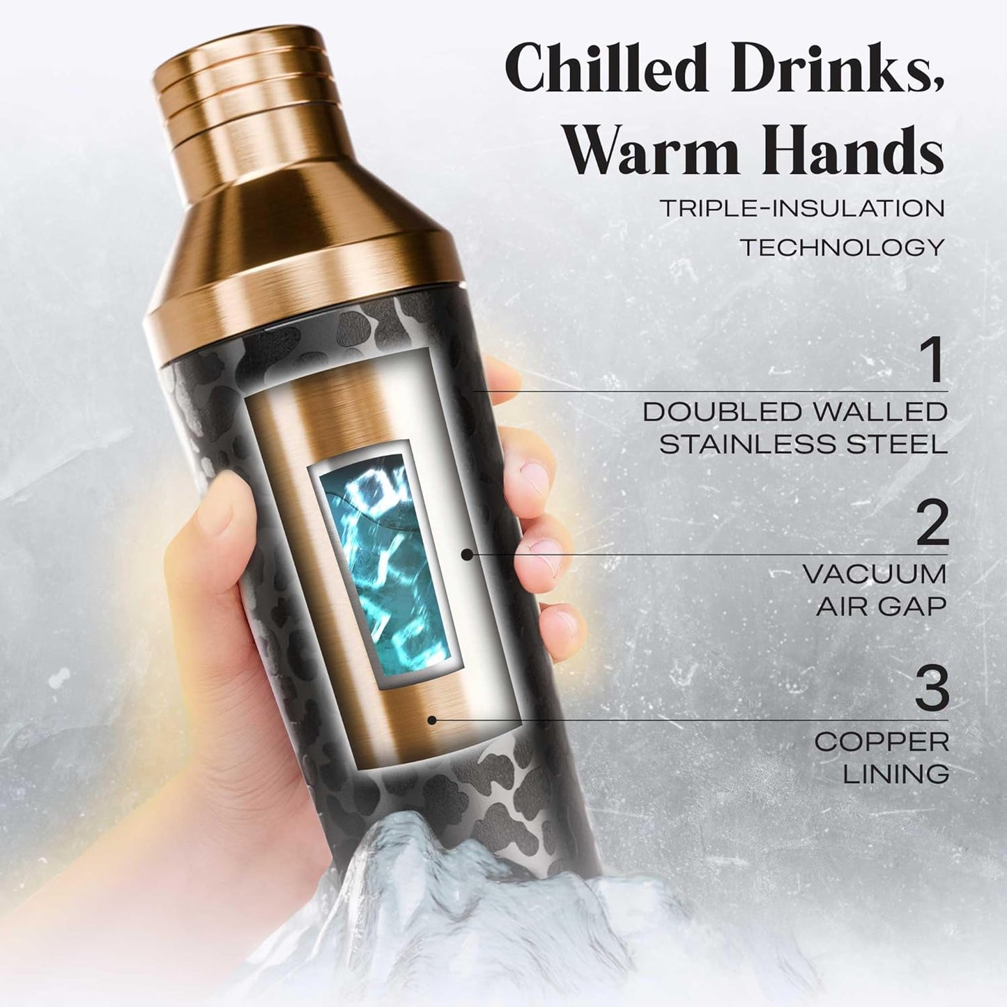 Insulated Cocktail Shaker Set | Double Wall Stainless Steel | Martini Shaker for Home Bar Bartending | Built-in Drink Measurement System & Strainer, Travel Bag, 35 Recipes | Gift Set (Leopard Copper)