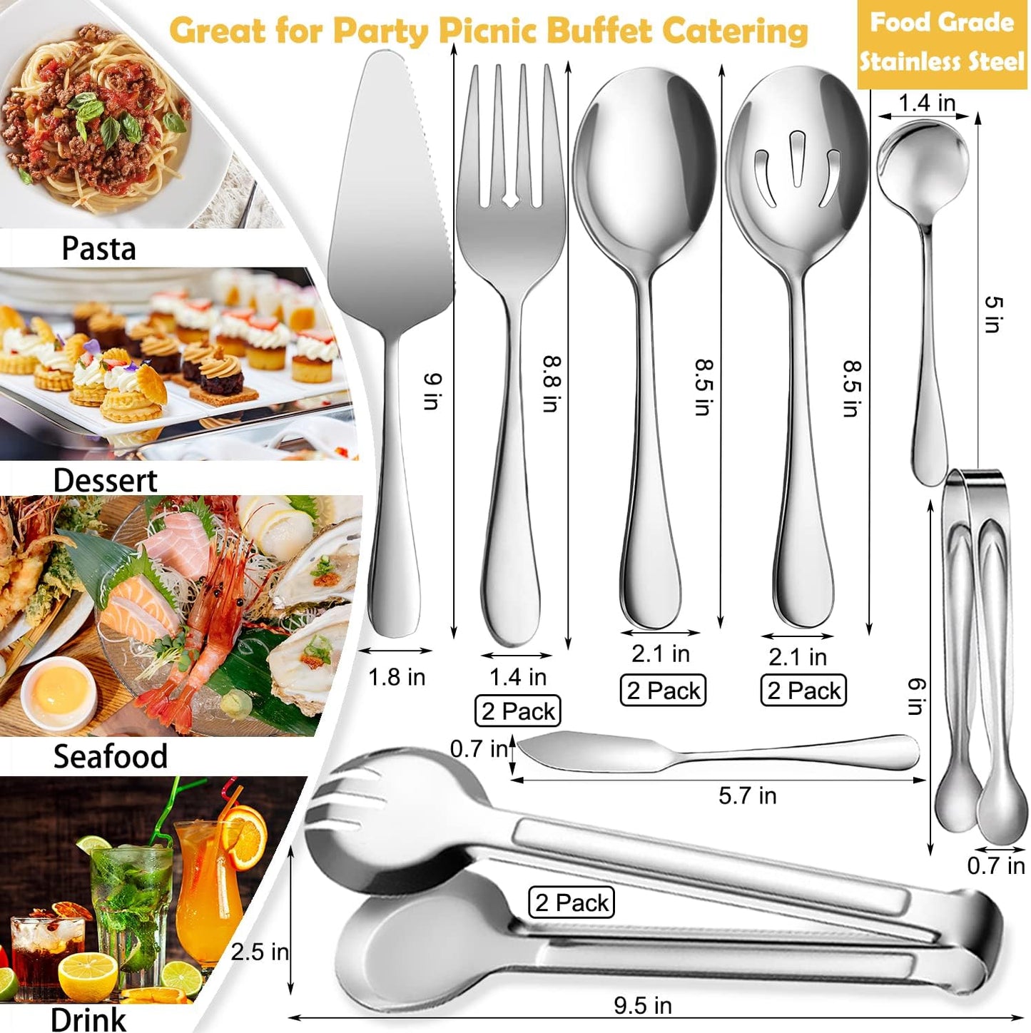 12 PCS Stainless Steel Serving Utensils, Large Spoons Slotted Spoons Forks Tongs, Ice Suger Tongs, Pie Server, Butter Knife, Coffee Spoons, Great for Buffet Catering Banquet Party, Silver