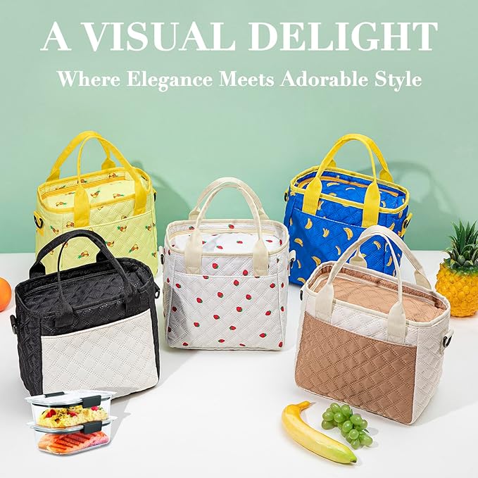 TuErCao Cute Banana Lunch Box for Women Lunch Bags for Work Small Insulated LunchBag for Picnic Travel Shopping, Portable Lightweight Ultrasonic Soft Touch LunchTote for Young Ladies