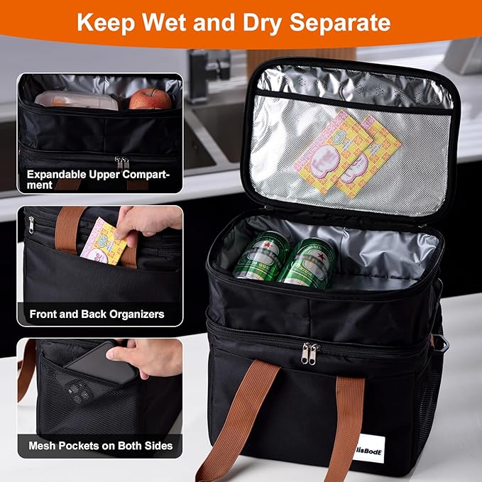 Upgraded Insulated Lunch Bag & Lunch Box for Men and Women - 15-20L Expandable Double Deck, Leakproof Soft Cooler Bag with Side Tissue Pocket - Large Adult Lunch Tote for Work, Picnic, Beach (Black)