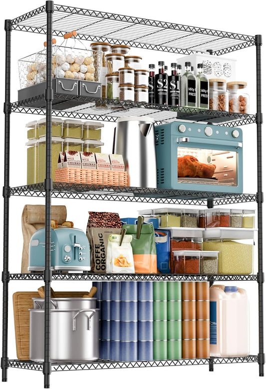 5 Tiers Shelf 1750 lbs Steel Storage Shelving Utility Shelving Unit Steel Organizer Wire Rack for Home,Kitchen,Office,Garage Black 17.7" D x 47.2" W x 76.8" H