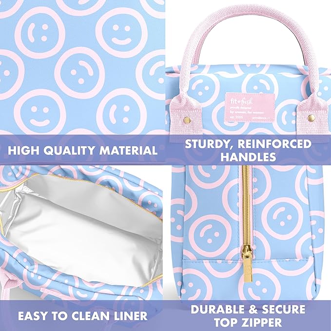 Fit & Fresh Bloomington Lunch Bag for Women - Insulated Large Lunch Box for Work with Containers, Leak-Resistant, Stain-Resistant, Zipper Closure, All Smiles Bubble Gum