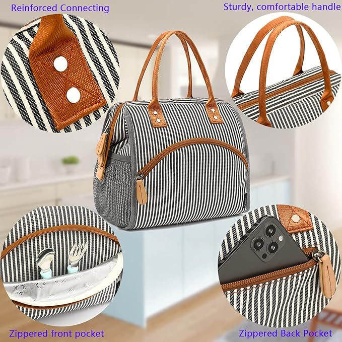 FlowFly Insulated Lunch Bag Wide-Open Lunch Box Large Tote Leakproof Cooler with Drink Holder and Multi Pockets for Women Men Adult Kids Work Picnic Travel Beach Hiking, White Black Stripes