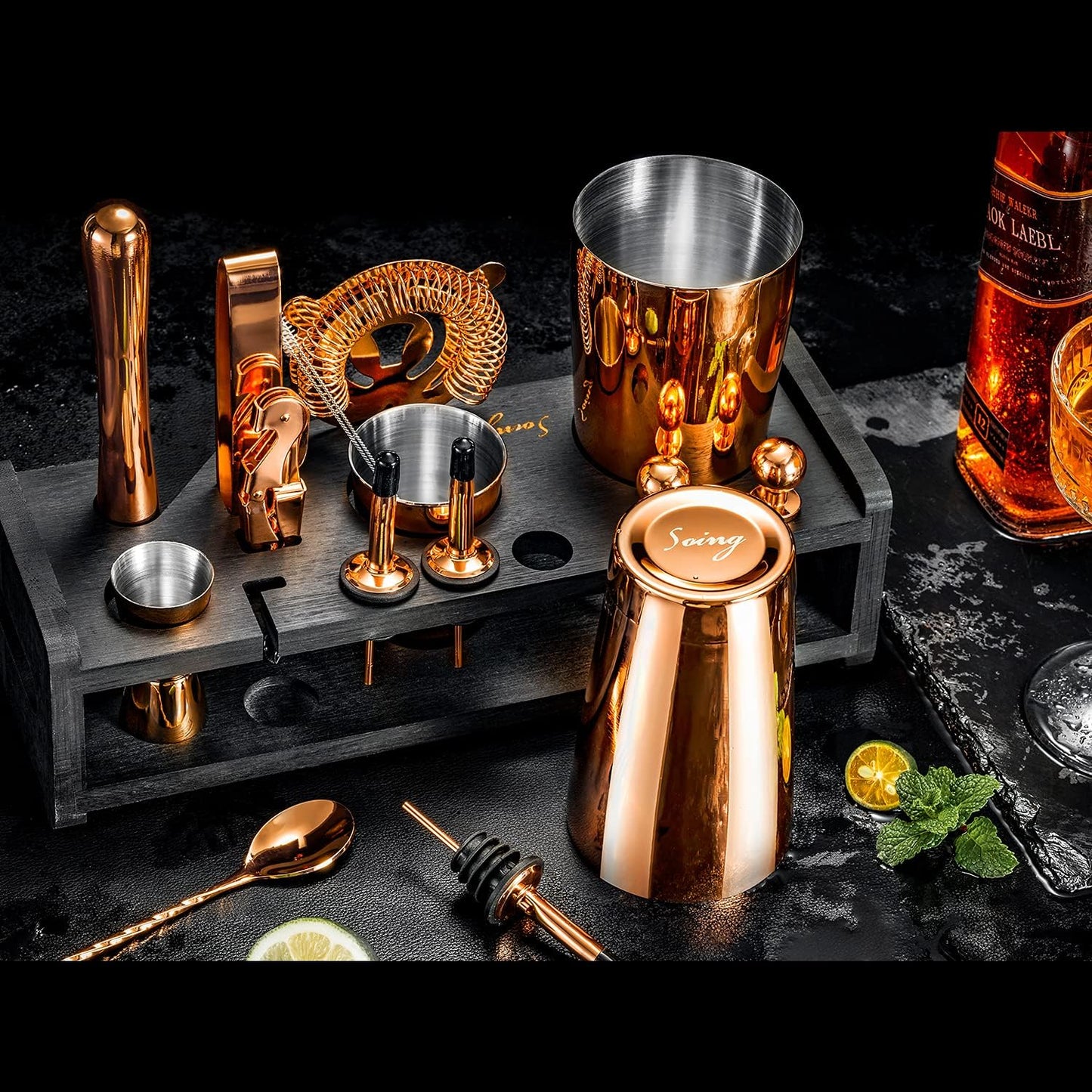 Soing 24-Piece Cocktail Shaker Set,Perfect Home Bartender Kit for Drink Mixing,Stainless Steel Bar Tools with Stand,Velvet Carry Bag & Recipes Cards Included (Rose copper)