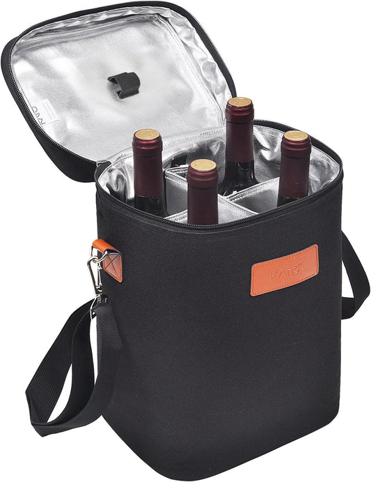 Tirrinia 4 Bottle Wine Gift Tote Carrier - Leakproof & Insulated Padded Versatile Wine Cooler Bag for Travel, BYOB Restaurant, Wine Tasting, Party, Dinner,Gift for Wine Lovers, Black