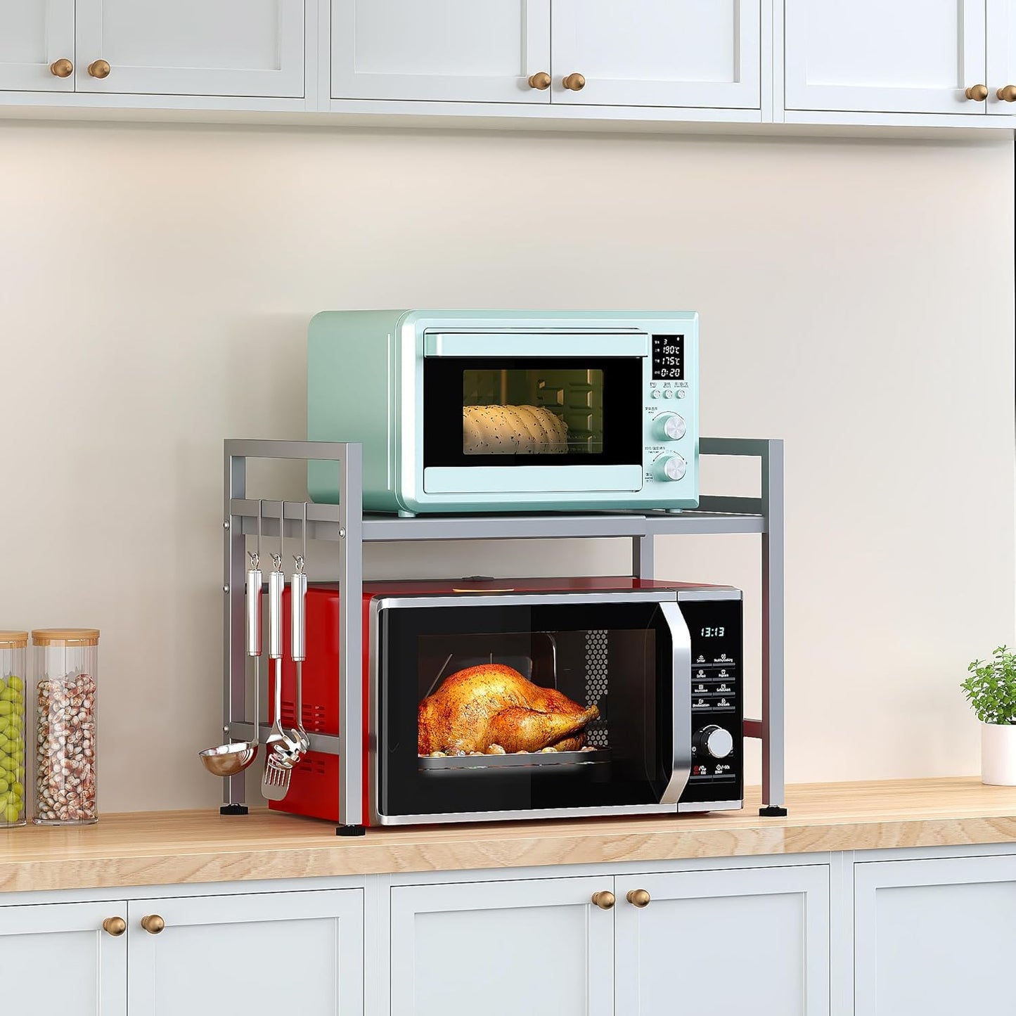 PUSDON Extendable Microwave Oven Rack, Adjustable Microwave/Toaster Shelf Heavy Duty Stand Kitchen Counter Top Organizer, 2 Tier with 3 Hooks, 160lbs Weight Capacity, Silver Grey