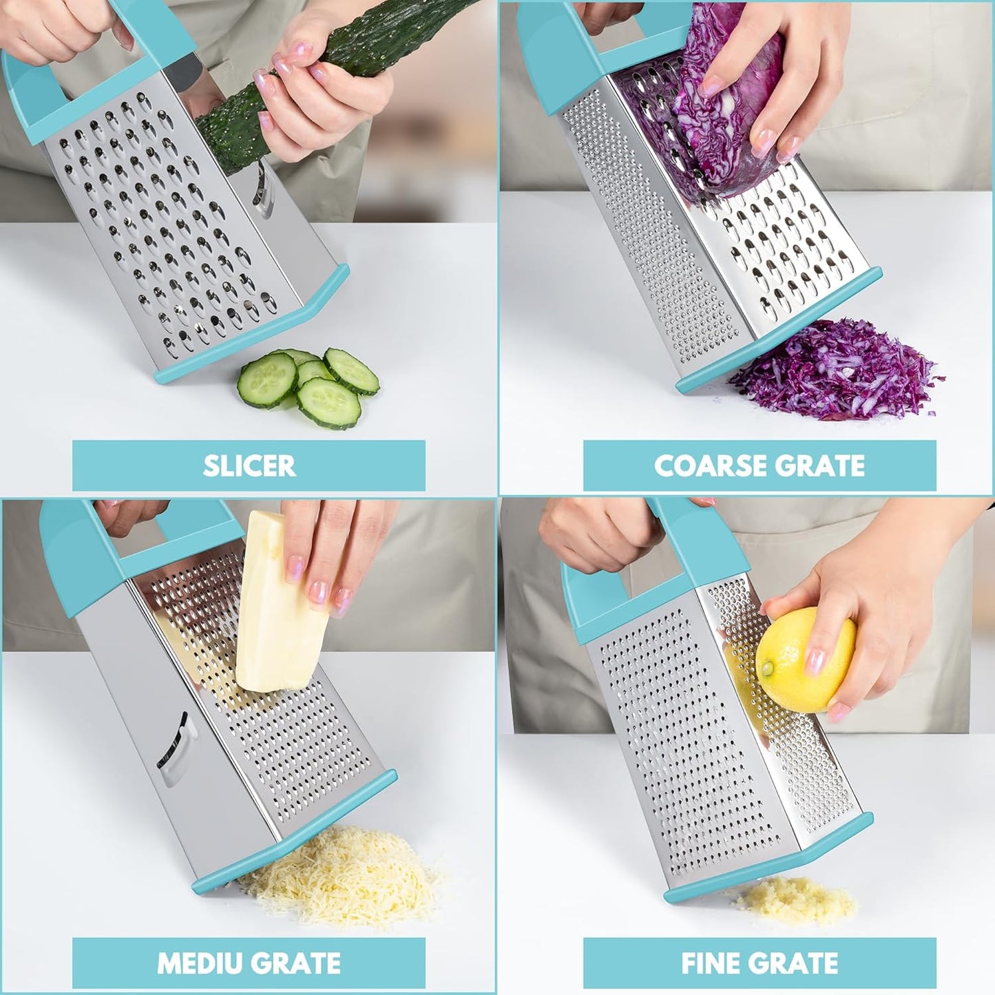 Urbanstrive Cheese Grater With Container, Professional Cheese Grater with Handle, Stainless Steel Graters for Kitchen Handheld, Box Grater with 4 Sides for Vegetables, Ginger, Potatoes (Blue)