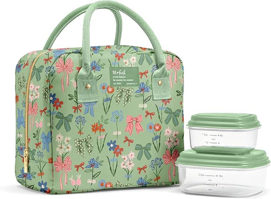 Fit & Fresh Bloomington Lunch Bag for Women - Insulated Large Lunch Box for Work with Containers, Leak-Resistant, Stain-Resistant, Zipper Closure, Sage Bows & Flowers