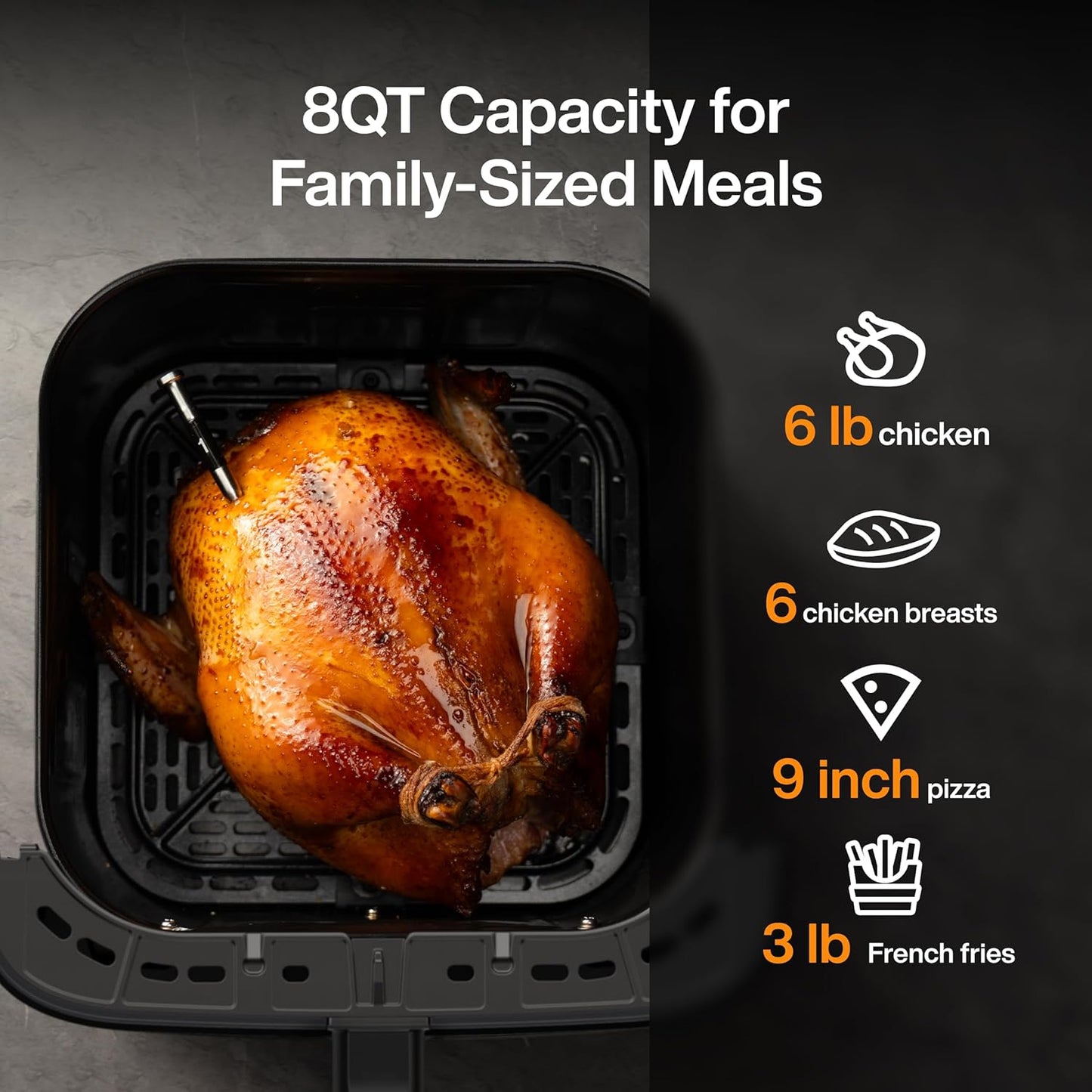 Typhur 8QT Sync Air Fryer with Built-in Wireless Meat Thermometer, 9-in-1 Smart Non Toxic Ceramic Airfryer for Quick Easy Meals, 450°F Max, Cooks 6lb Whole Chicken, Dishwasher Safe, 120V