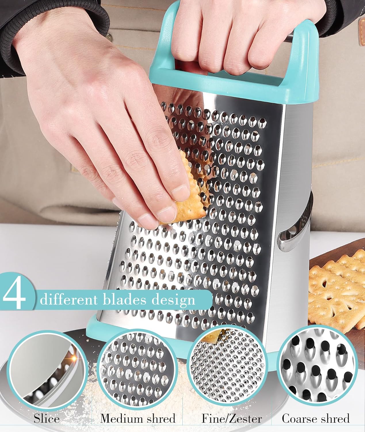 Ourokhome Cheese Grater with Handle, Stainless Steel Box Grater, 4 Side Kitchen Vegetable Shredder Slicer Zester with Container for Parmesan, Cabbage, Ginger, Lemon, Chocolate, Coconut (Teal)