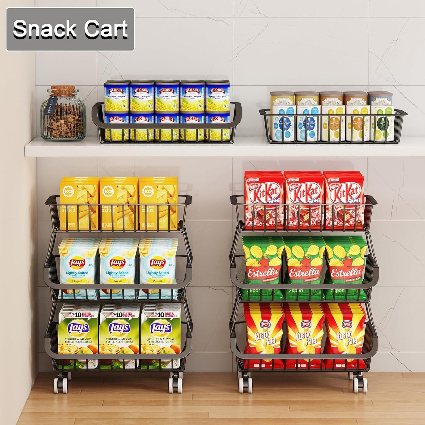 3-Tier Rolling Pantry Floor Organizer, Stackable Pantry Storage Cart with Wheels, Metal Wire Snack Organizers, Kitchen Fruit Basket Stand, Vegetable Storage Rack for Onion Potato Snacks, Black, 2 Pack