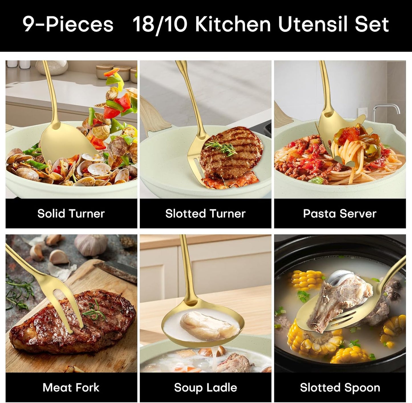 Lazycorner Kitchen Utensil Set 9-Piece Stainless Steel 304 Polished Mirror Finish Cooking Spoons, Slotted Spoon, Turner, Spatula, Pasta Spoon– Dishwasher Safe, Rust-Resistant