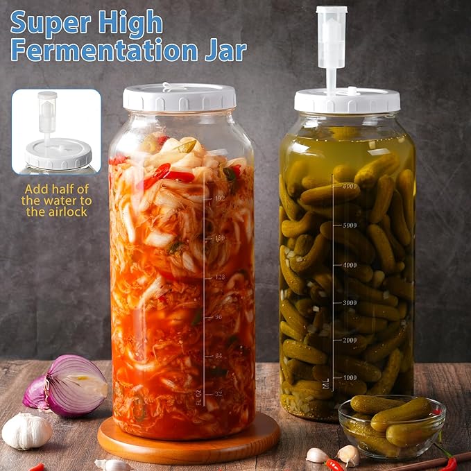 1 Pack 2 Gallon Large Fermentation Jar w Scale Mark, Wide Mouth Glass Jar with Airtight SCREW Lid and 2 Airlocks, 7600ML Wine Making Kit for Beer Cider Kombucha, Pickle Jar for Sauerkraut