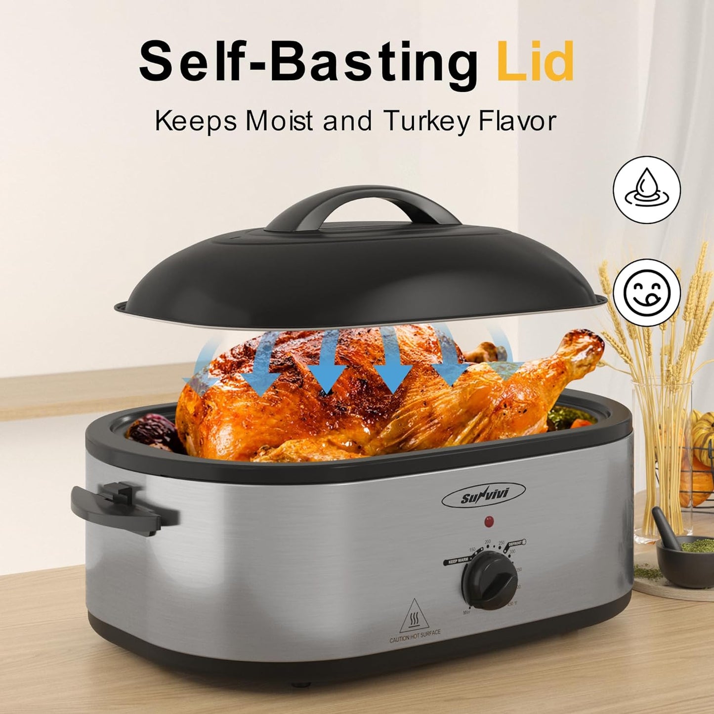 Sunvivi 22lb 18-Quart Roaster Oven, Electric Roaster Oven with Self-Basting Lid, Turkey Roaster with Unique Defrost/Warm Function, Large Roaster with Removable Pan & Rack, Stainless Steel, Silver
