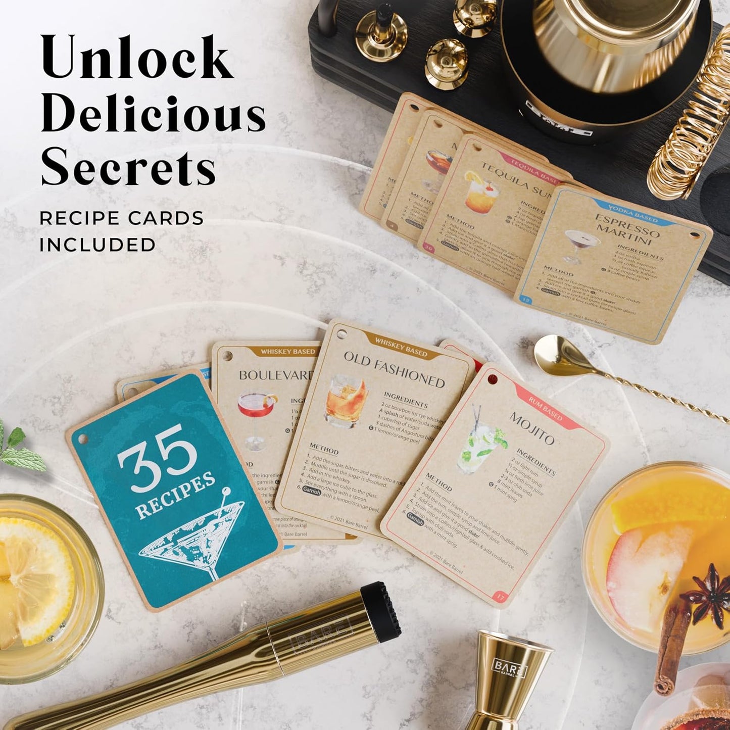 BARE BARREL® Mixology Bartender Kit Bar Set | 14-Piece Cocktail Shaker Set | Martini Barware Mixing Tools for Home Bartending | 35 Recipe Cards | Gift Set (28oz Boston Shaker, Gold/Black)