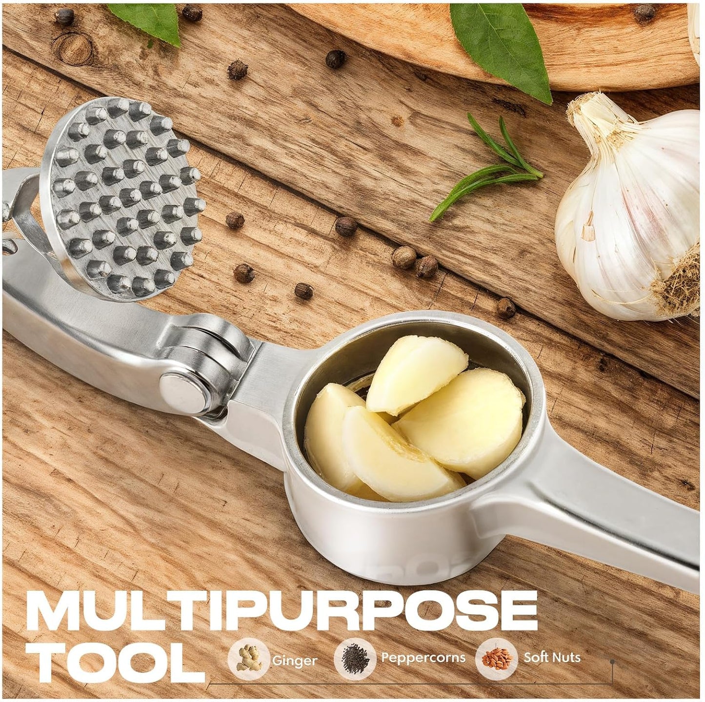 Kitchen Garlic Press, Rust Proof & Dishwasher Safe Garlic Mincer, Durable Garlic Crusher Set with Peeler＆Brush, Easy to Clean and Squeeze, Matte