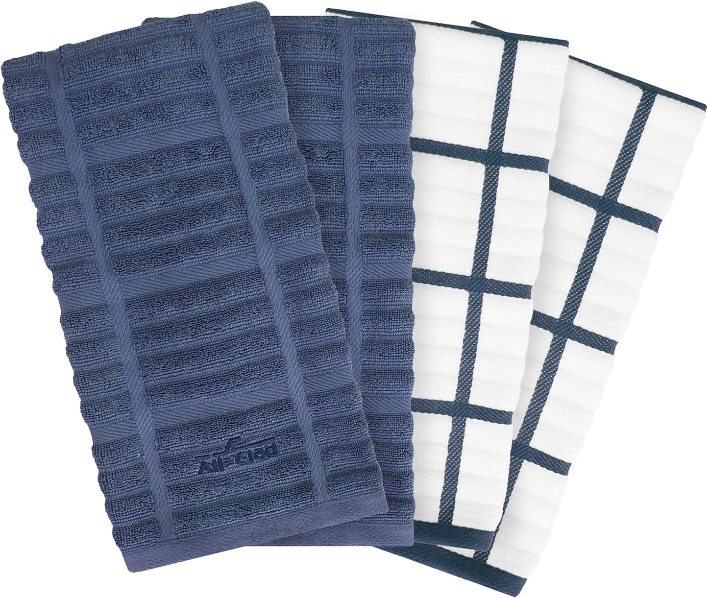 All-Clad Solid & Coordinate Kitchen Towels: Highly Absorbent, Super Soft Long Lasting 100% Cotton, 17" x 30" Tea Towels for Cleaning & Drying Dishes, Pans, Glassware, Countertops, 4-Pack, Indigo
