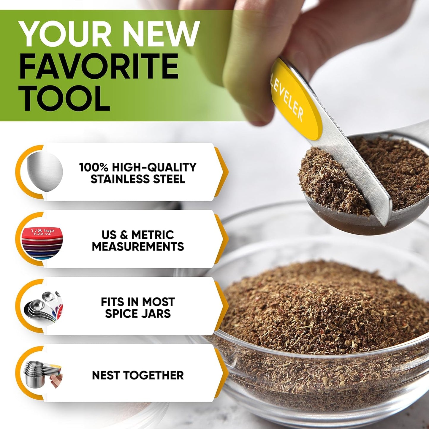 Spring Chef Magnetic Measuring Cups & Spoons Set, Patented, Strong N45 Magnets, Heavy Duty Stainless Steel Fits in Spice Jars for Baking & Cooking, BPA Free, Set of 15 with Leveler, Multicolor