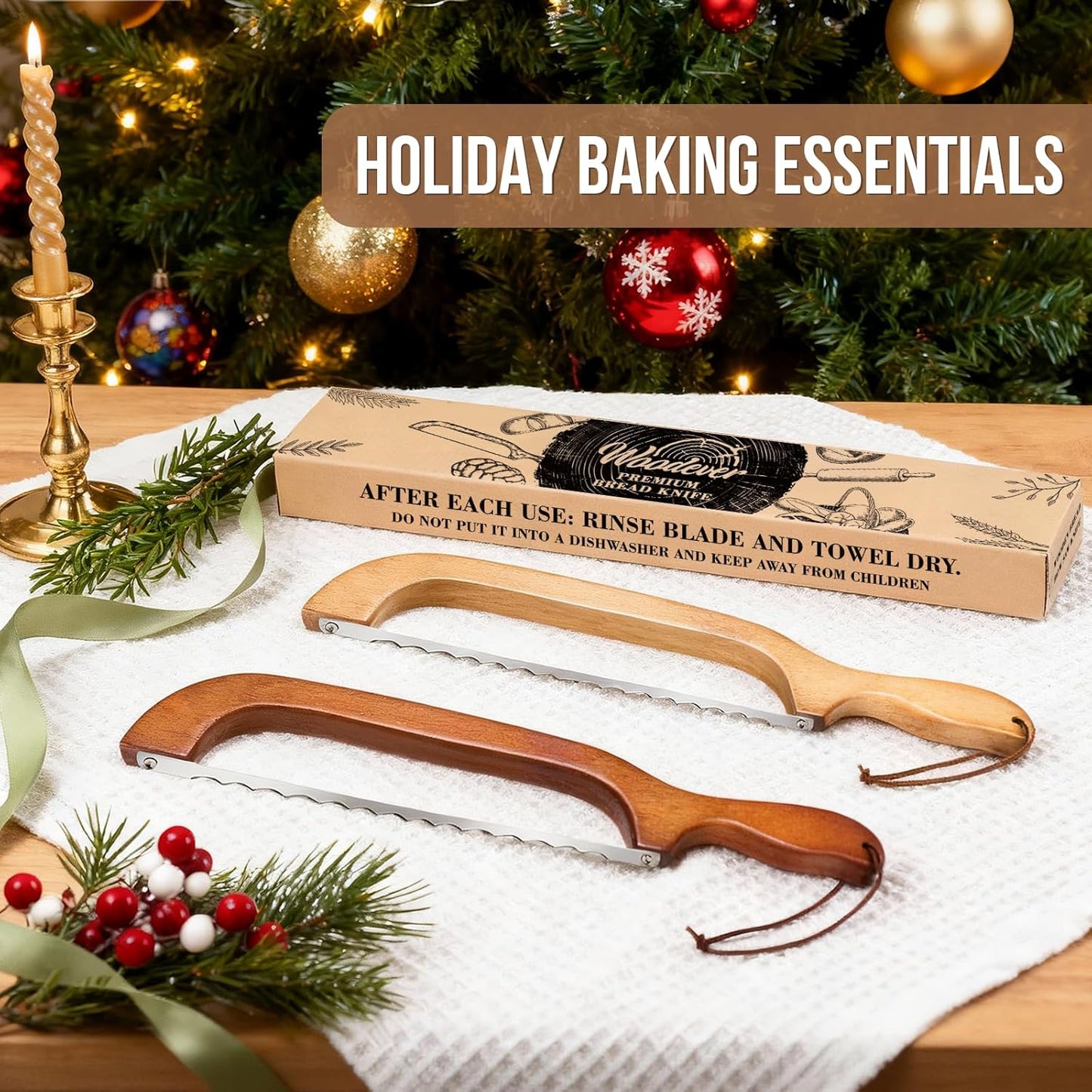 Woodever Bread Knife, 2 Pack Bread Slicer for Homemade Bread, 16'' Wooden Sourdough Bread Knife with Bow Design, Premium Stainless Steel Serrated Bread Cutter for Bagels and Baguettes