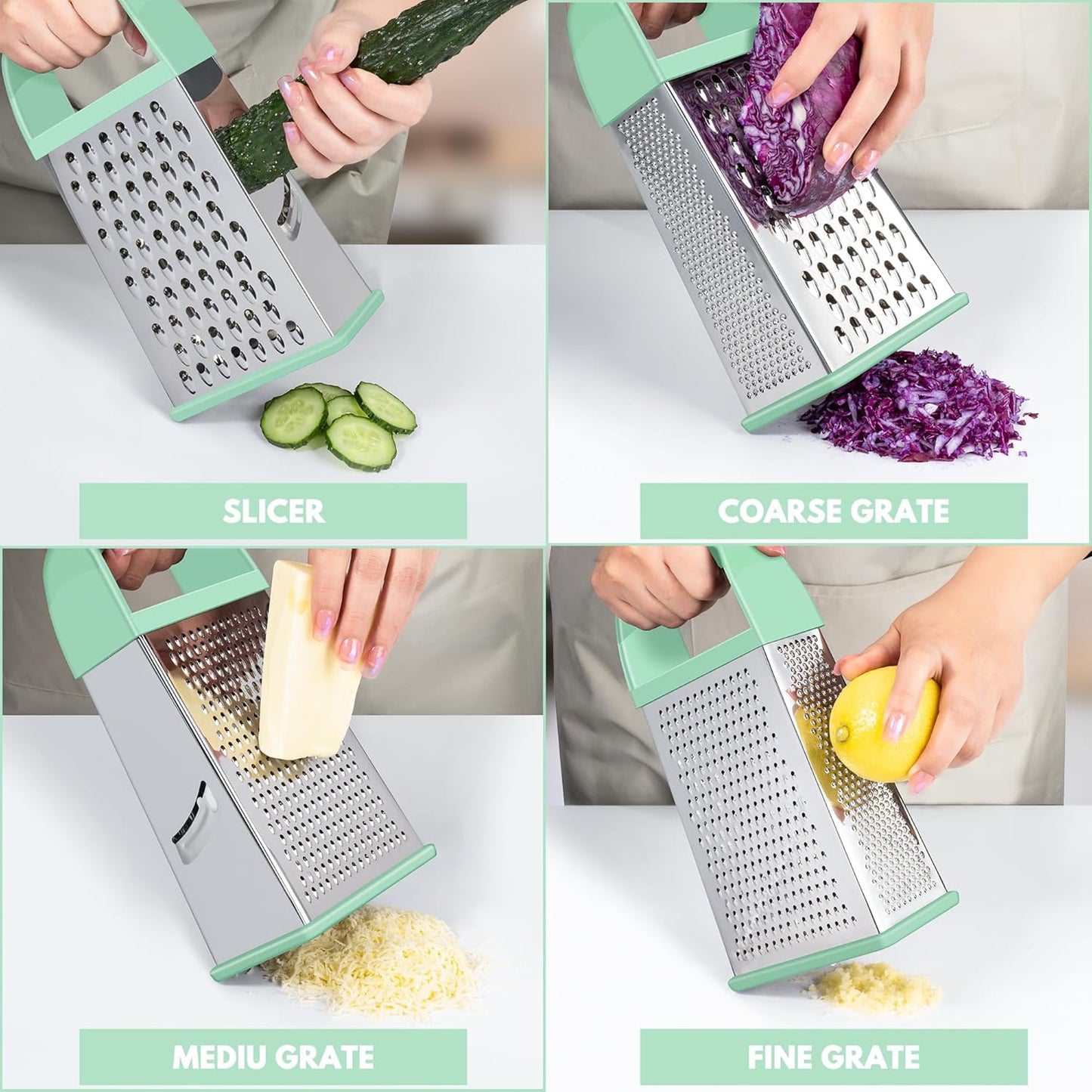 Urbanstrive Cheese Grater With Container, Professional Cheese Grater with Handle, Stainless Steel Graters for Kitchen Handheld, Box Grater with 4 Sides for Vegetables, Ginger, Potatoes (Mint Green)