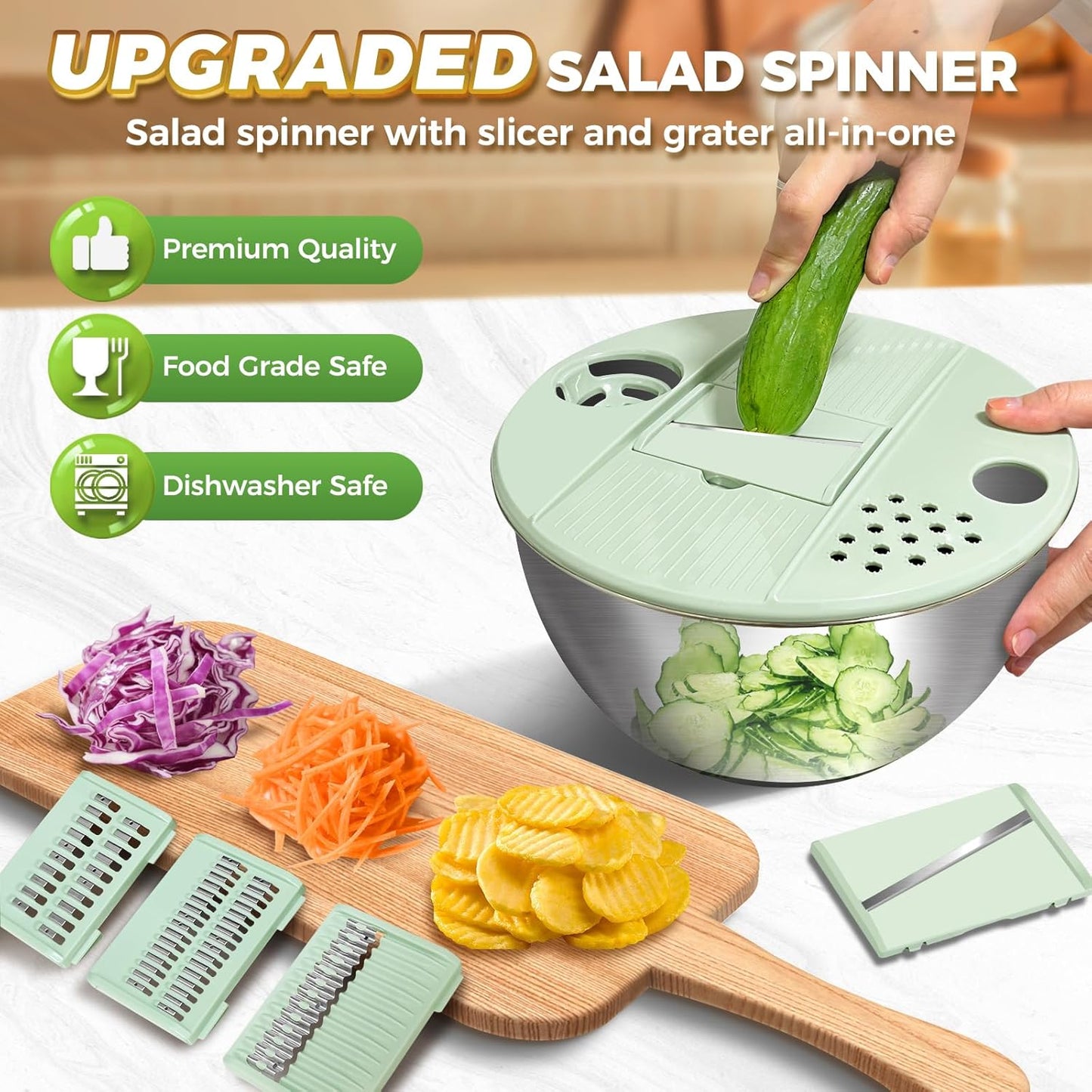 Airpro Stainless Steel Salad Spinner, Durable Lettuce Spinner with 5 Blade Slicer, Stop Button, Drainage Hole, Egg Yolk Strainer Shredder, Non-Slip Base, Vegetable Dryer, Fruit Washer, Dishwasher Safe