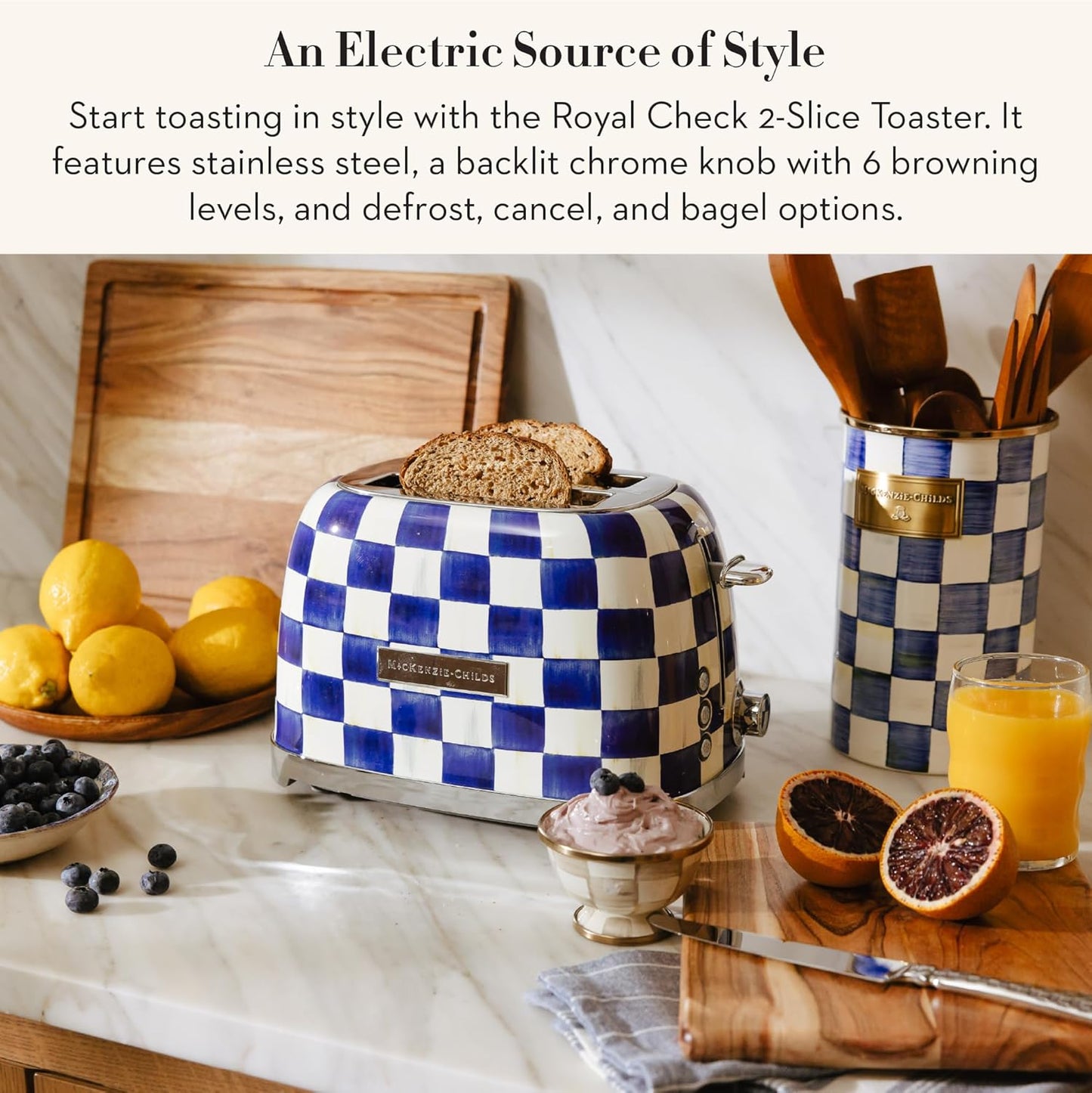 MACKENZIE-CHILDS 2-Slice Toaster, Decorative Toaster for Kitchen, Blue-and-White Royal Check