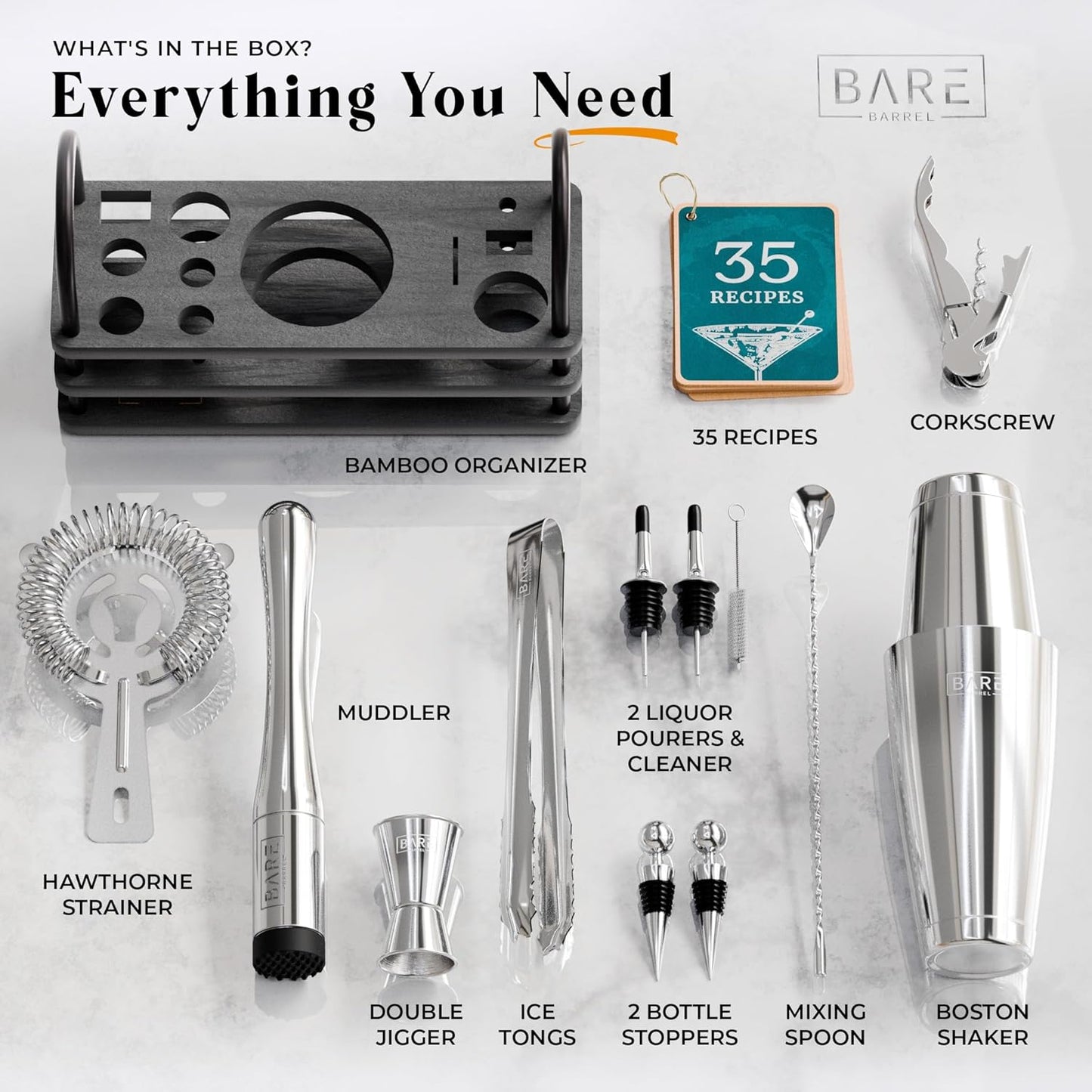 BARE BARREL® Mixology Bartender Kit Bar Set | 14-Piece Cocktail Shaker Set | Martini Barware Mixing Tools for Home Bartending | 35 Recipe Cards | Gift Set (28oz Boston Shaker, Silver/Black)
