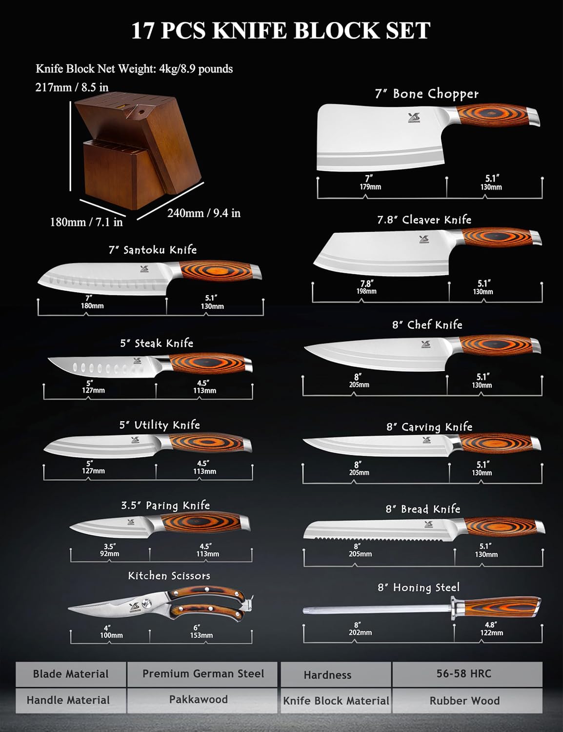 MSY BIGSUNNY Knife Block Set 17-piece Knife Set with Wooden Block - German Steel Perfect Cutlery Set Gift