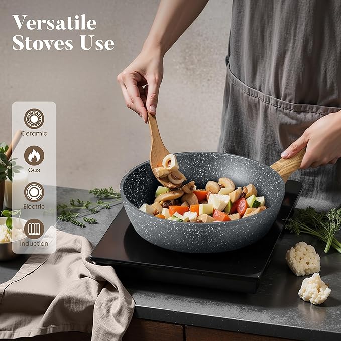 Kitchen Academy Induction Cookware Sets - 12 Piece Gray Cooking Pan Set, Granite Nonstick Pots and Pans Set