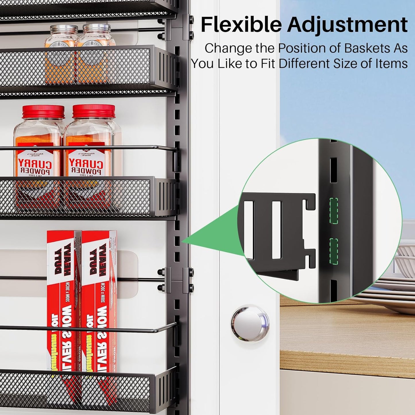 SNTD Over the Door Pantry Organizer - 8 Tier Adjustable Pantry Door Spice Organizer, Large Capacity Hanging Door Spice Rack for Kitchen Pantry Organizers and Storage (Black, 17" W x 6" D x 69" H)