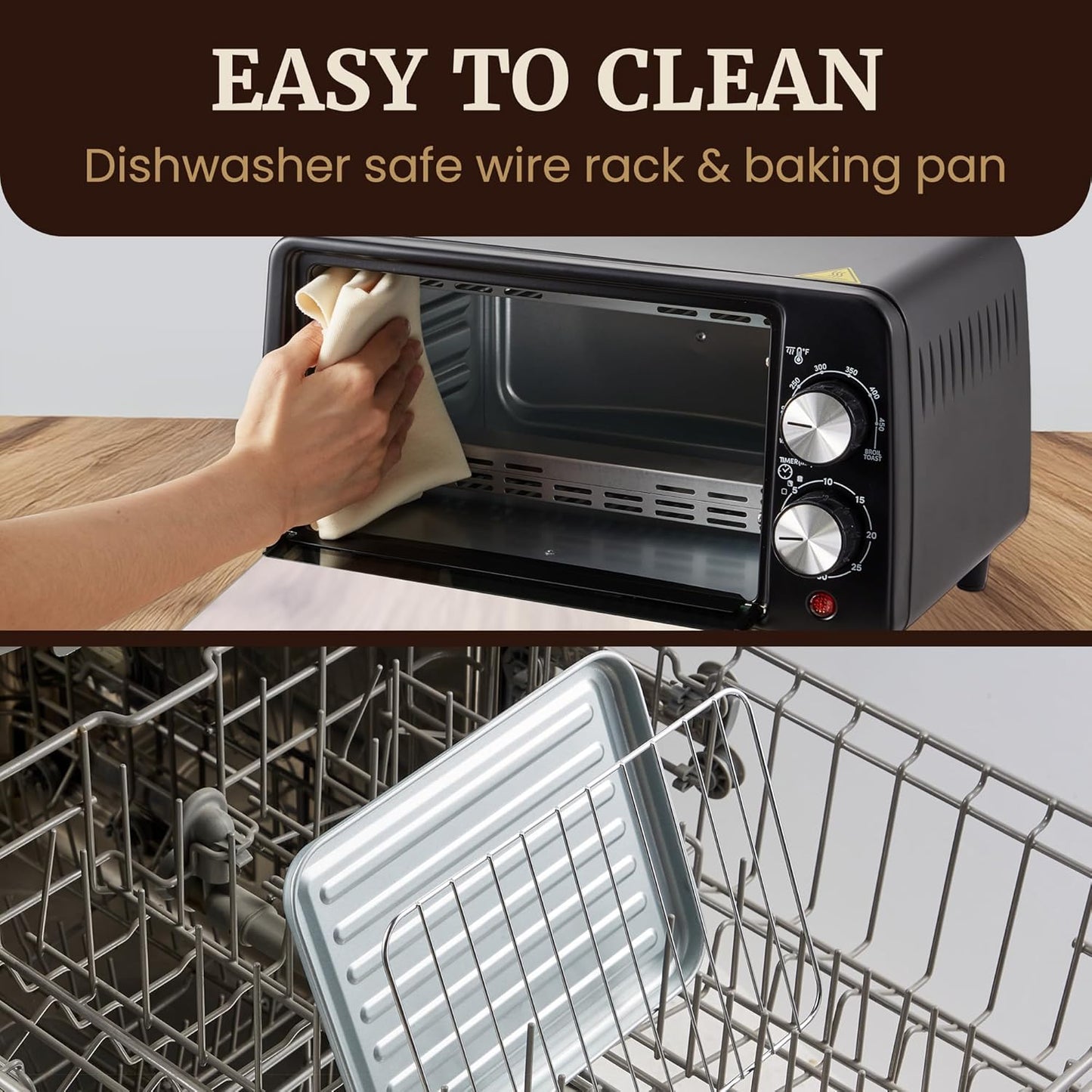 Elite Gourmet ETO449 9L / 4-Slice Countertop Toaster Oven, Compact Design, 30-Min Timer, Adjustable Temp up to 450°F, 800W Quartz Heating, Drop-Down Crumb Tray, Bake, Broil, Toast, Black