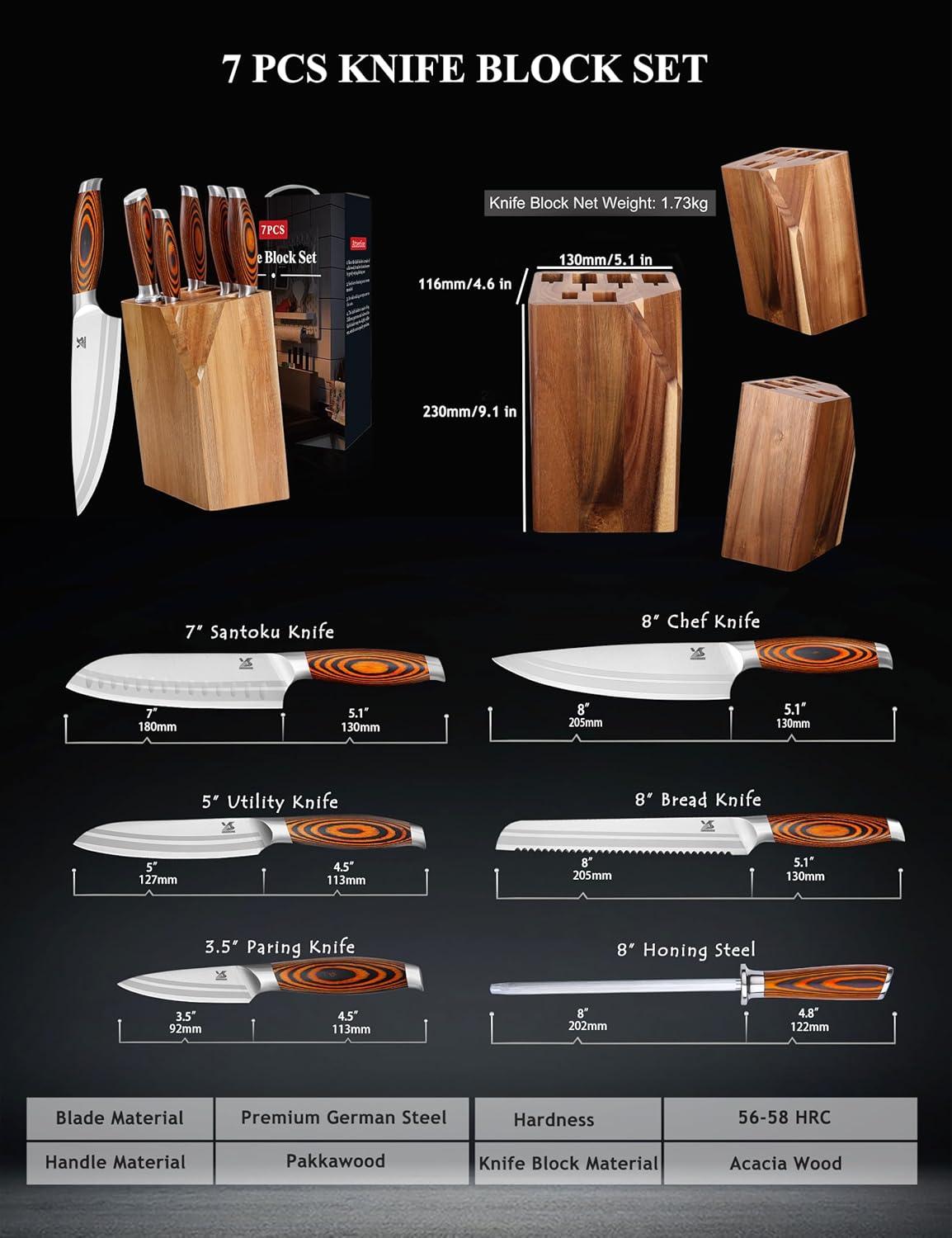 MSY BIGSUNNY 7pcs Knife Block Set, German Steel Chef Knife Set, Precious Pakkawood Handle for Kitchen Knife Block Set