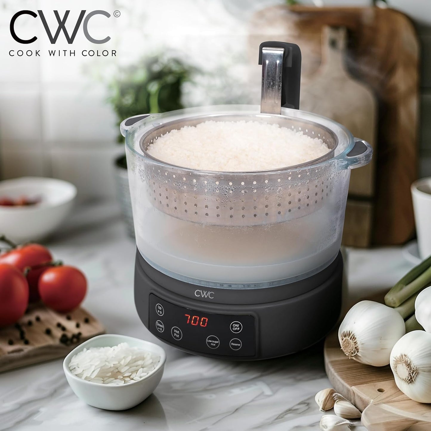 COOK WITH COLOR 3L Glass Low Carb Rice Cooker - Makes 6 Cups Cooked Low Sugar Rice with Auto Lift Filter Basket, Hotpot & Steamer for Rice, Grains and Oats, Digital Panel with Keep Warm, Black