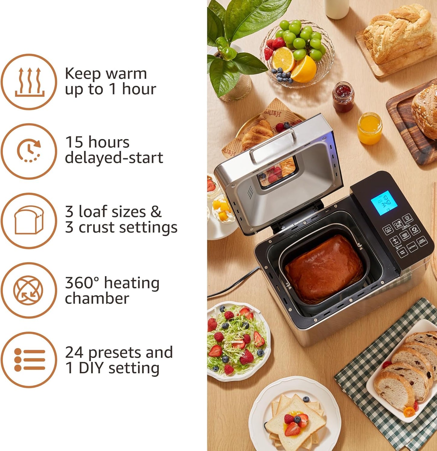 Elite Gourmet EBM8224MM Programmable 2 Lb. Bread Maker, PFAS free Ceralast™ Ceramic Pan, Touch Screen Control Panel, 19-Functions, Gluten Free, White, Wheat, Rye & more, 3 Loaf Sizes, Stainless Steel