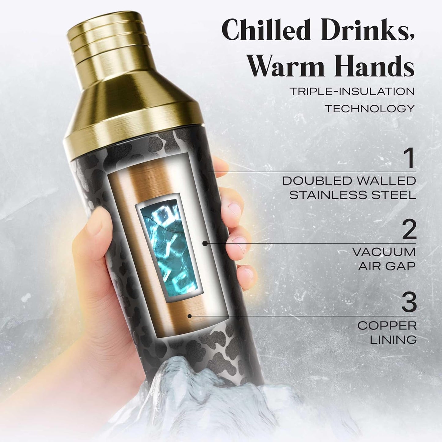 Insulated Cocktail Shaker Set | Double Wall Stainless Steel | Martini Shaker for Home Bar Bartending | Built-in Drink Measurement System & Strainer, Travel Bag, 35 Recipes | Gift Set (Leopard Gold)