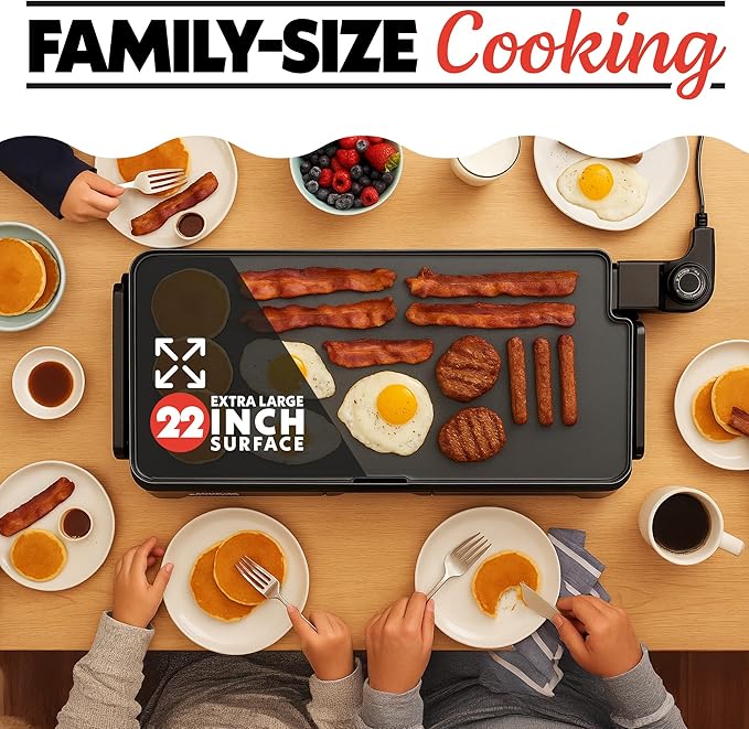 Gourmia 22-Inch XL Electric Griddle Pan - Nonstick Extra Large Ceramic Surface for Breakfast, Pancakes - Non-Toxic Flat Top Cooker - Countertop Kitchen Appliances for Tabletop Indoor Cooking