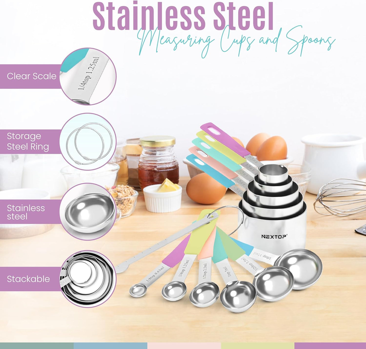 Nextop 14-Piece Stainless Steel Measuring Cups and Measuring Spoons Set with All Stackable Sizes and Leveler for Dry Ingredients, Complete Set for Kitchen & Baking Measuring Tools (Purple Set)