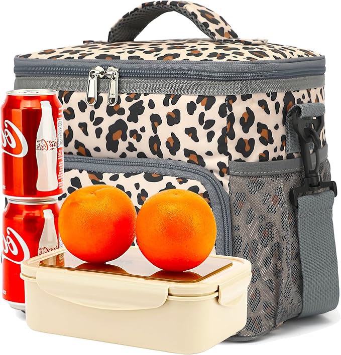 Insulated Lunch Bag for Adult/Women/Men, Reusable Lunch Box Cooler Soft Leakproof Tote, Thermal Meal Prep Lunch Pail with Adjustable Shoulder Strap for Picnic/School/Travel/Office, Leopard