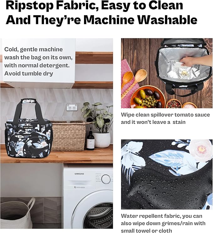 SUNNY BIRD 12L Large Insulated Lunch Bag, Leakproof and Foldable Lunch Cooler Box for Women Adult and Men, Fits 18 Cans (Hibiscus)