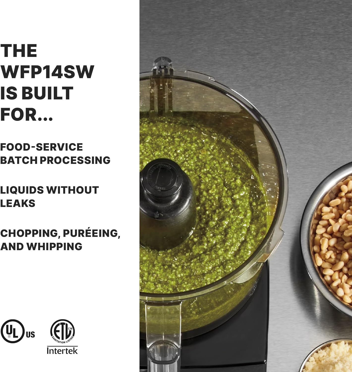 Waring Commercial WFP14SW 3.5 Quart Food Processor, 1 HP Motor, Low Profile Design, Patented LiquiLock Seal Bowl System, Includes Whipping Disc and a Standard S blade for Chopping, Pureeing, and Emulsyfying, 120V, 5-15 Phase Plug