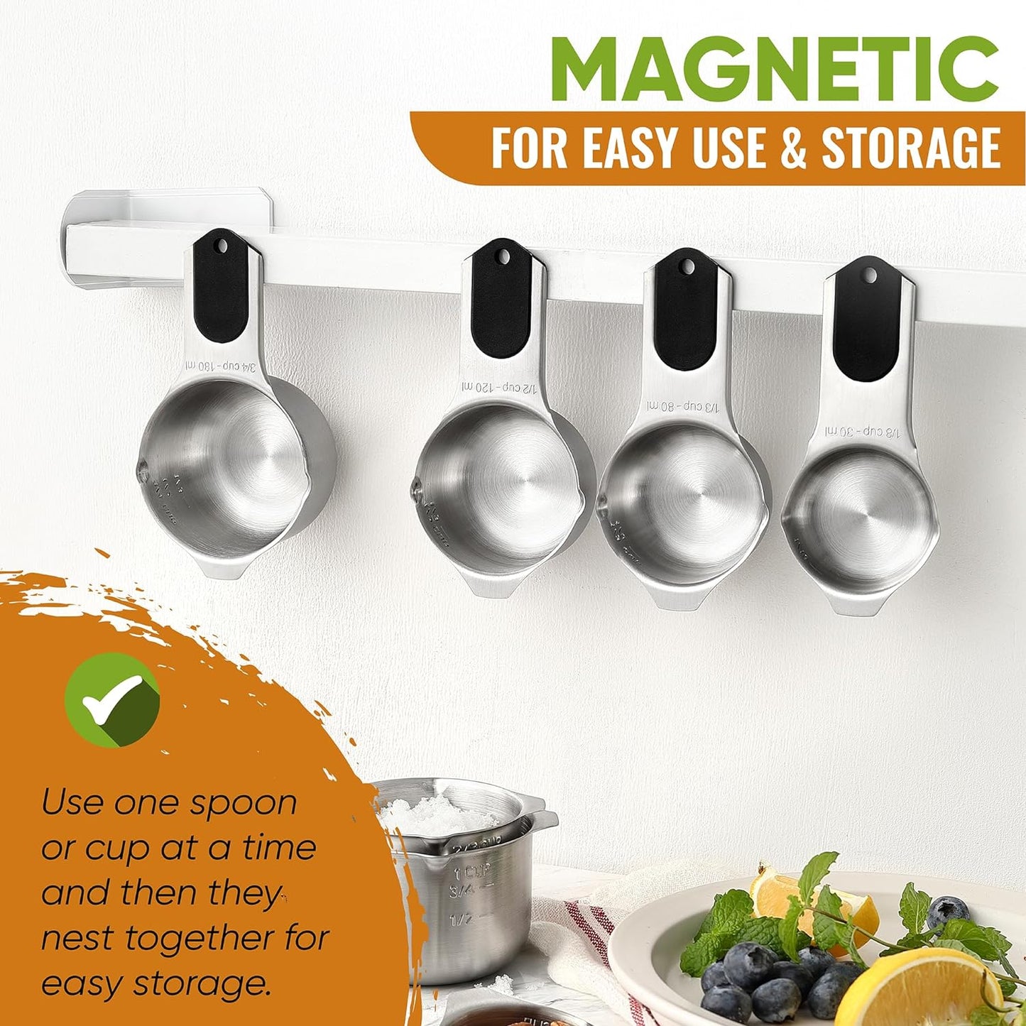 Spring Chef Magnetic Measuring Cups & Spoons Set, Patented, Strong N45 Magnets, Heavy Duty Stainless Steel Fits in Spice Jars for Baking & Cooking, BPA Free, Round Set of 15 with Leveler, Black