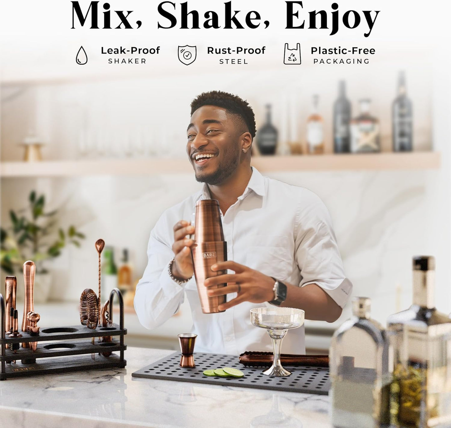BARE BARREL® Mixology Bartender Kit Bar Set | 14-Piece Cocktail Shaker Set | Martini Barware Mixing Tools for Home Bartending | 35 Recipe Cards | Gift Set (28oz Boston Shaker, Copper/Black)