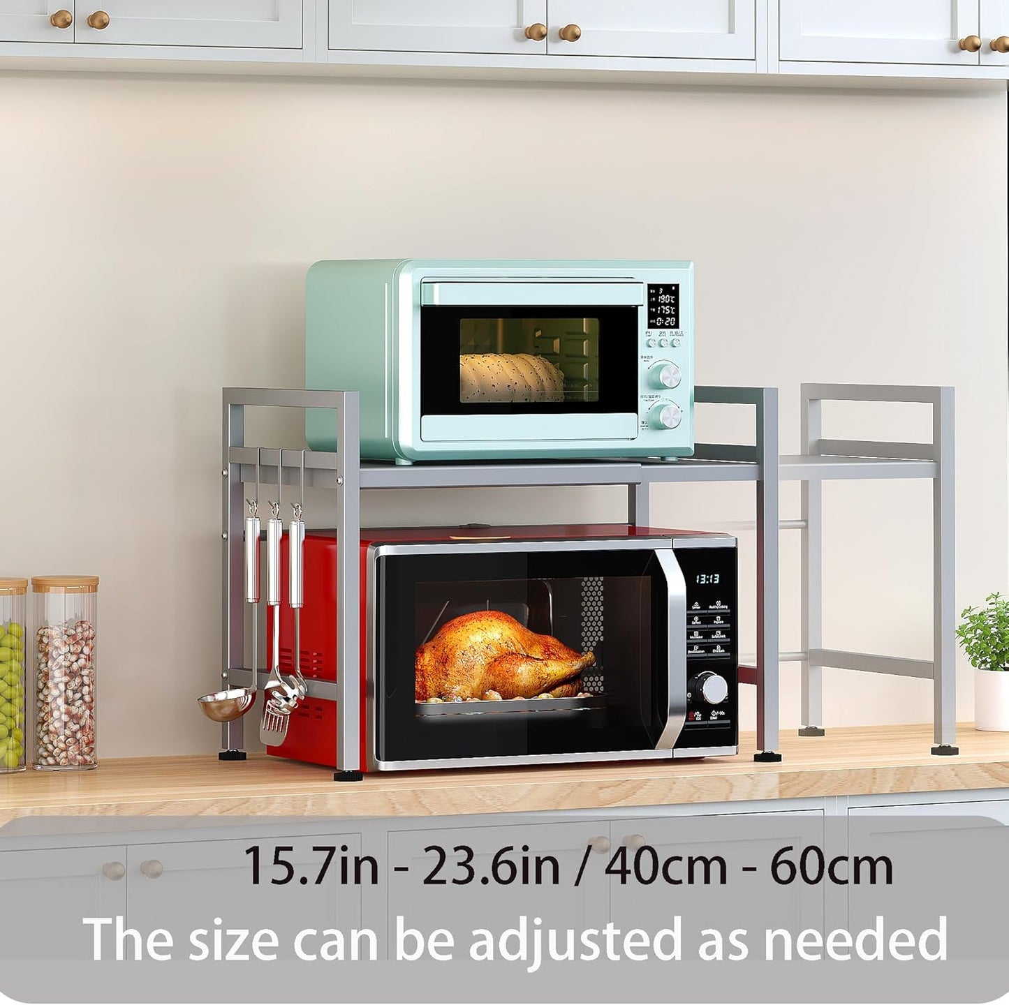 PUSDON Extendable Microwave Oven Rack, Adjustable Microwave/Toaster Shelf Heavy Duty Stand Kitchen Counter Top Organizer, 2 Tier with 3 Hooks, 160lbs Weight Capacity, Silver Grey