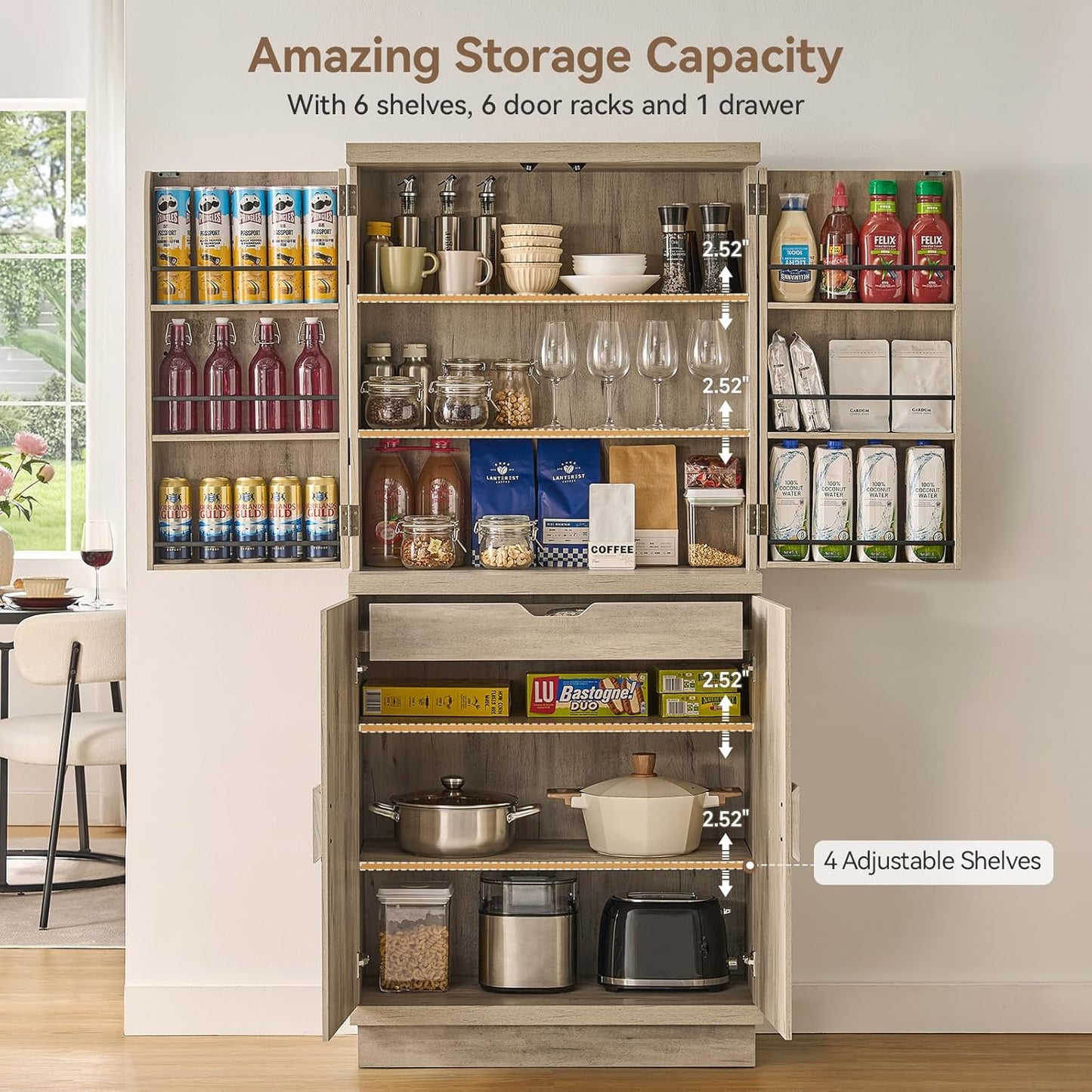 ONBRILL 71" Tall Kitchen Pantry Cabinet, Pantry Storage Cabinet with 6 Door Shelves, Hidden Drawer and Adjustable Shelf, Freestanding Rustic Wood Pantry for Kitchen, Dining Room (Grey Oak)