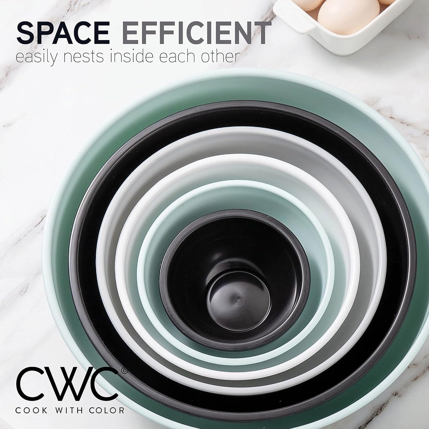 COOK WITH COLOR Mixing Bowls with TPR Lids - 12 Piece Plastic Nesting Bowls Set includes 6 Prep Bowls and 6 Lids, Microwave Safe Mixing Bowl Set (Mint)