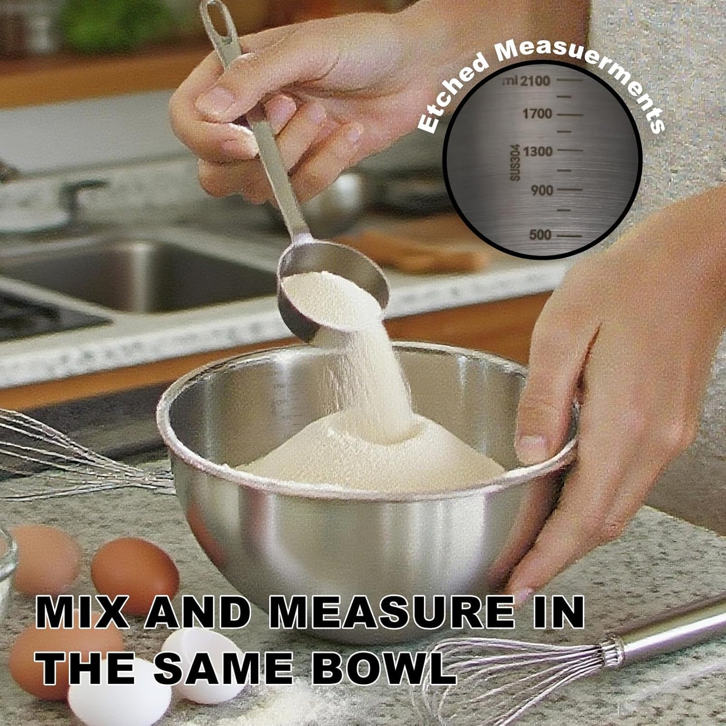 Stainless Steel Mixing Bowls, Three Nested Large Mixing Bowls Stainless Steel with Scale Perfect for Your Kitchen Needs Like Cooking,Baking, and Making Salads