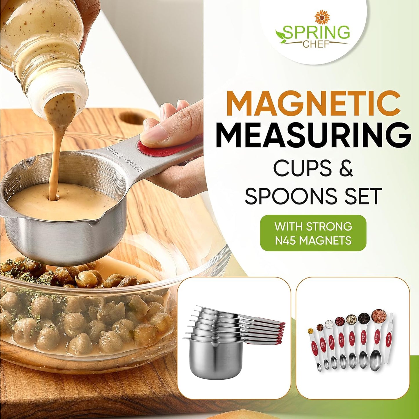 Spring Chef Magnetic Measuring Cups & Spoons Set, Patented, Strong N45 Magnets, Heavy Duty Stainless Steel Fits in Spice Jars for Baking & Cooking, BPA Free, Round Set of 15 with Leveler, Red