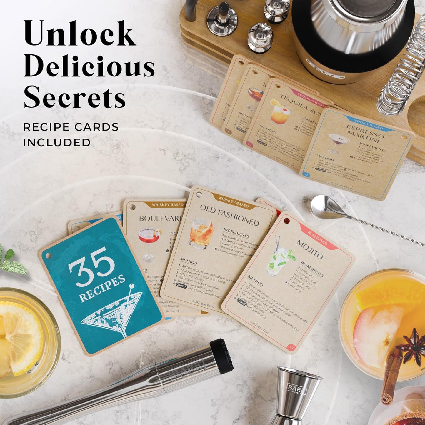 BARE BARREL® Mixology Bartender Kit Bar Set | 14-Piece Cocktail Shaker Set | Martini Barware Mixing Tools for Home Bartending | 35 Recipe Cards | Gift Set (28oz Boston Shaker, Silver/Natural)